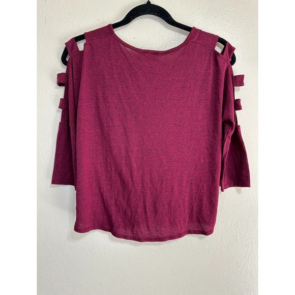 IZ Byer Women's Open Shoulder 3/4 sleeve Front Knot Red Marled Crop Top Size S - Picture 2 of 4